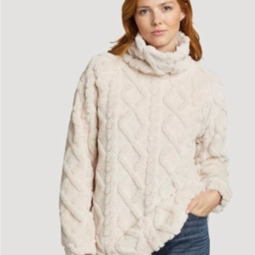 NWT Sz XL Eddie Bauer Cozy Cream Mock Turtle Cable Fleece